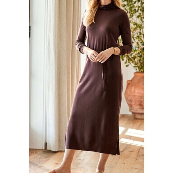 Garnet Hill Dresses & Skirts - Garnet Hill Turtleneck Midi Dress Brown Tencel Slit Tie Belt Knit Stretch Medium